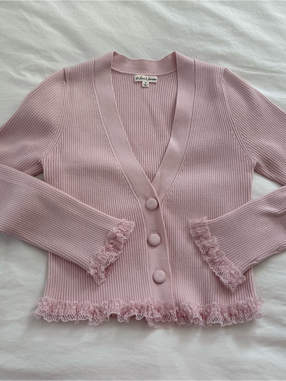 Pink Ribbed Lace-Trim Cardigan